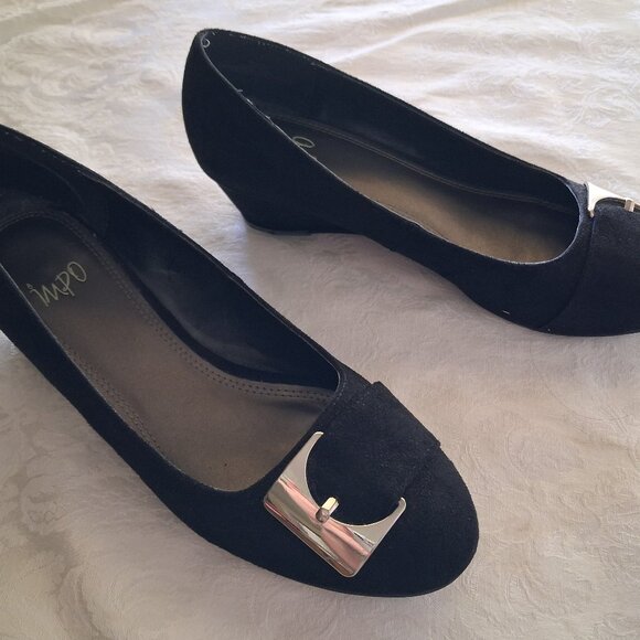 IMPO "Gusta" Black Suede Low Wedge Pumps with Silver Buckles - Picture 1 of 3